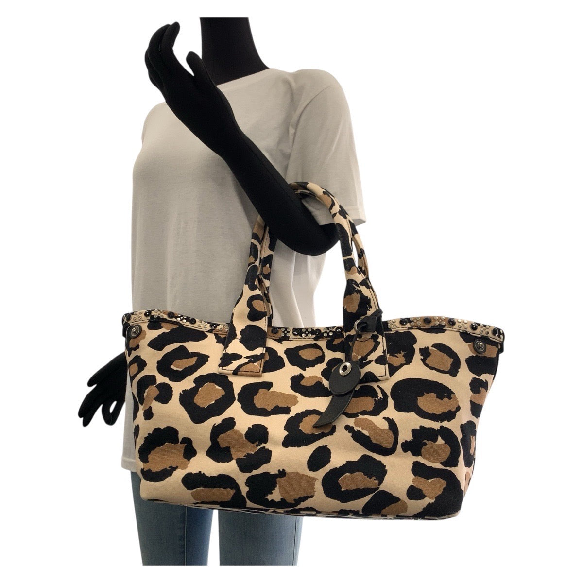 17861
MARC BY MARC JACOBS マークバイマークジェイコブス レオパード スタッズ ブラウン ブラック シルバー金具 キャンバス / レザー トートバッグ ショルダーバッグ  レディース ABP19