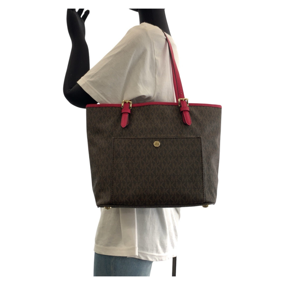17866
Michael Kors マイケルコース ブラウン ピンク ゴールド金具 PVC / レザー トートバッグ ハンドバッグ  レディース ABP17