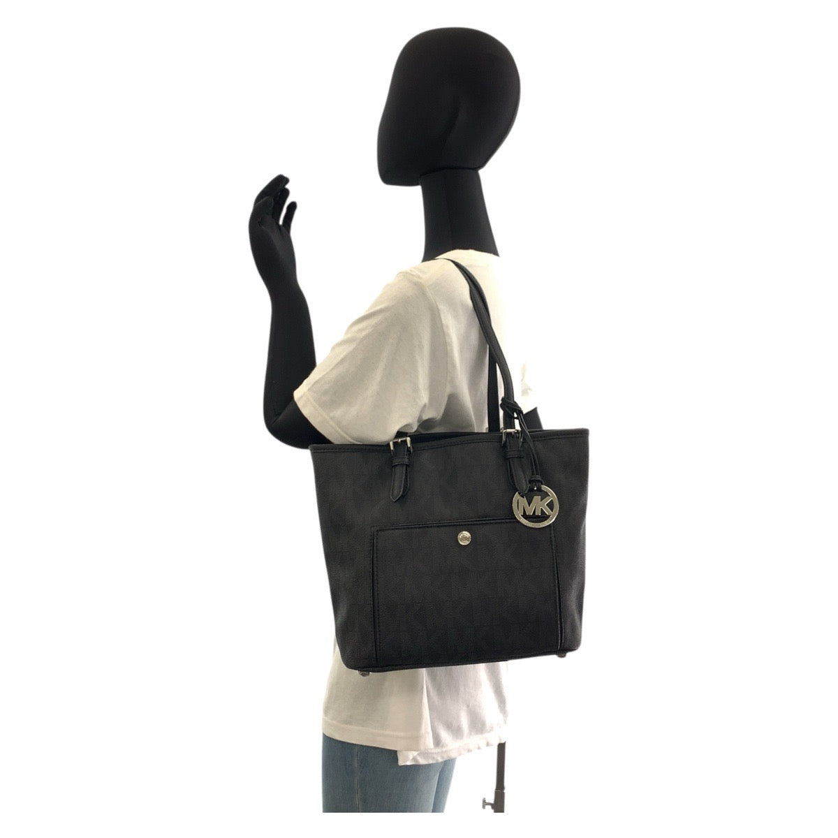 17867
Michael Kors マイケルコース MKシグネチャー ブラック 黒 シルバー金具 PVC トートバッグ ショルダーバッグ  レディース A18