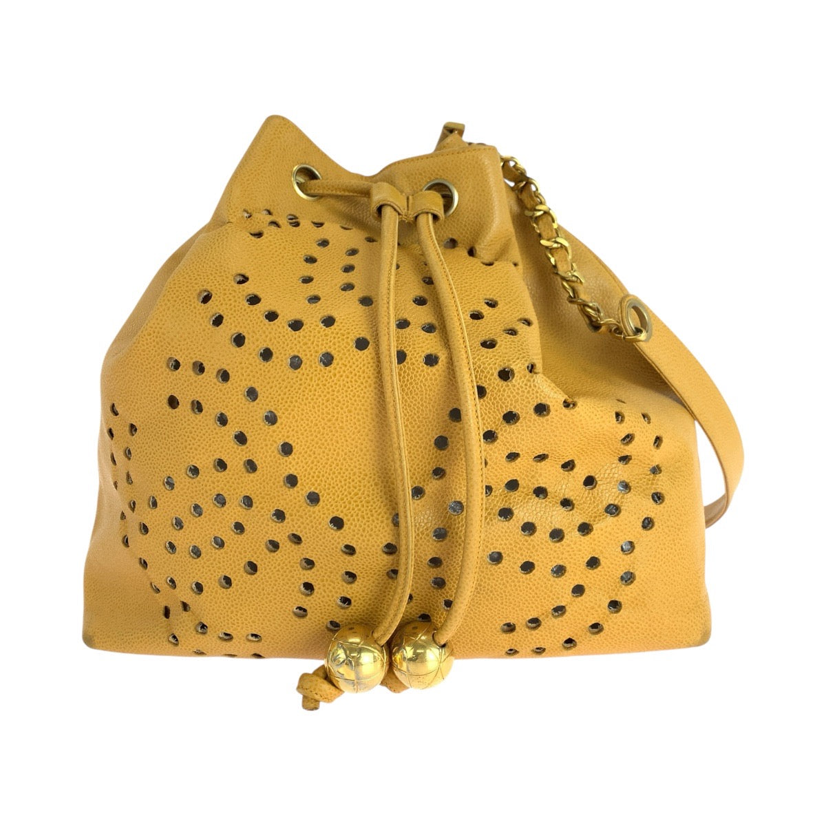 17873
CHANEL シャネル ヴィンテージ パンチング トリプルココマーク イエロー ゴールド金具 キャビアスキン 巾着 ショルダーバッグ レディース AB92