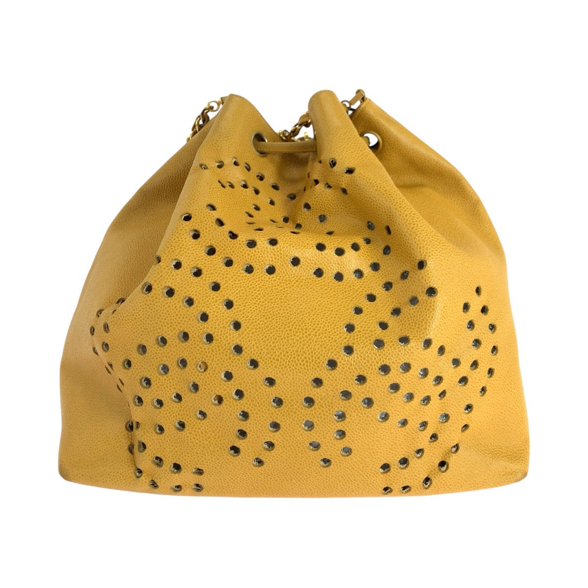 17873
CHANEL シャネル ヴィンテージ パンチング トリプルココマーク イエロー ゴールド金具 キャビアスキン 巾着 ショルダーバッグ レディース AB92