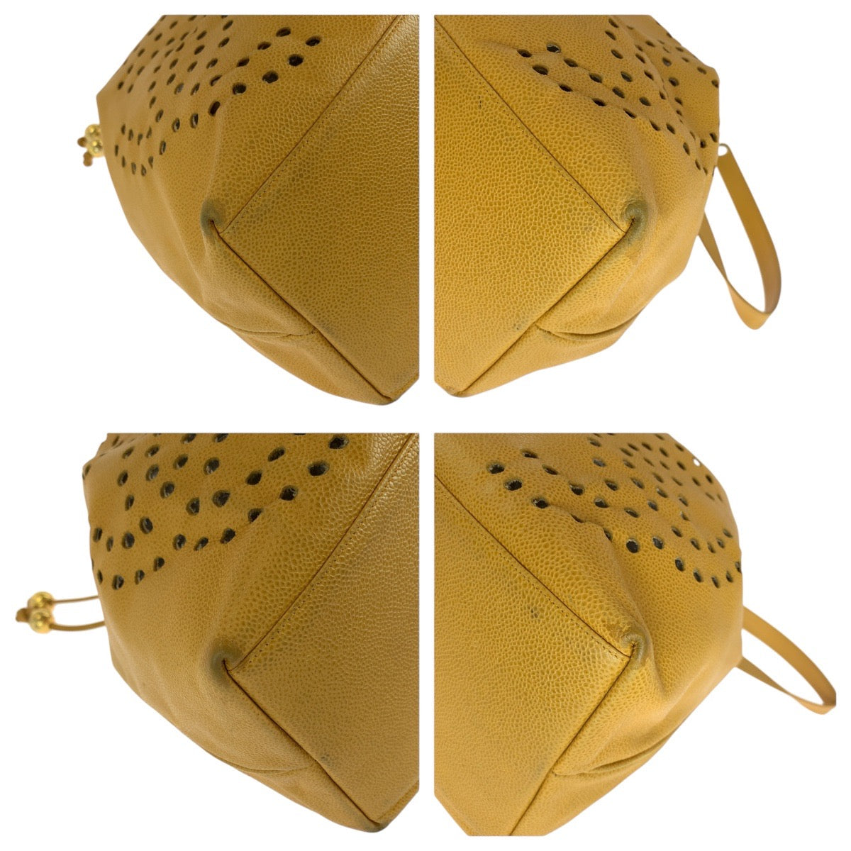 17873
CHANEL シャネル ヴィンテージ パンチング トリプルココマーク イエロー ゴールド金具 キャビアスキン 巾着 ショルダーバッグ レディース AB92