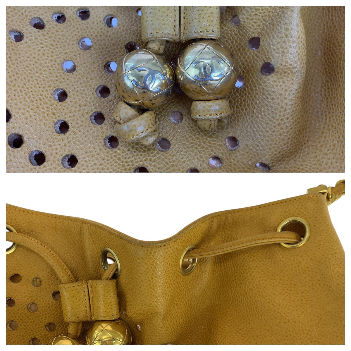 17873
CHANEL シャネル ヴィンテージ パンチング トリプルココマーク イエロー ゴールド金具 キャビアスキン 巾着 ショルダーバッグ レディース AB92