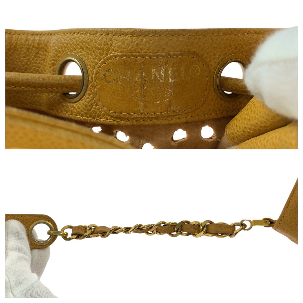 17873
CHANEL シャネル ヴィンテージ パンチング トリプルココマーク イエロー ゴールド金具 キャビアスキン 巾着 ショルダーバッグ レディース AB92