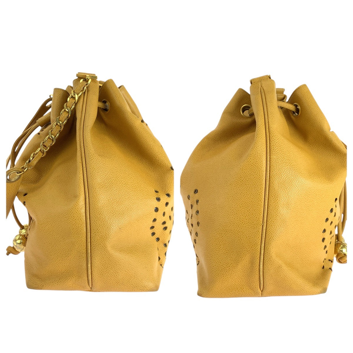 17873
CHANEL シャネル ヴィンテージ パンチング トリプルココマーク イエロー ゴールド金具 キャビアスキン 巾着 ショルダーバッグ レディース AB92