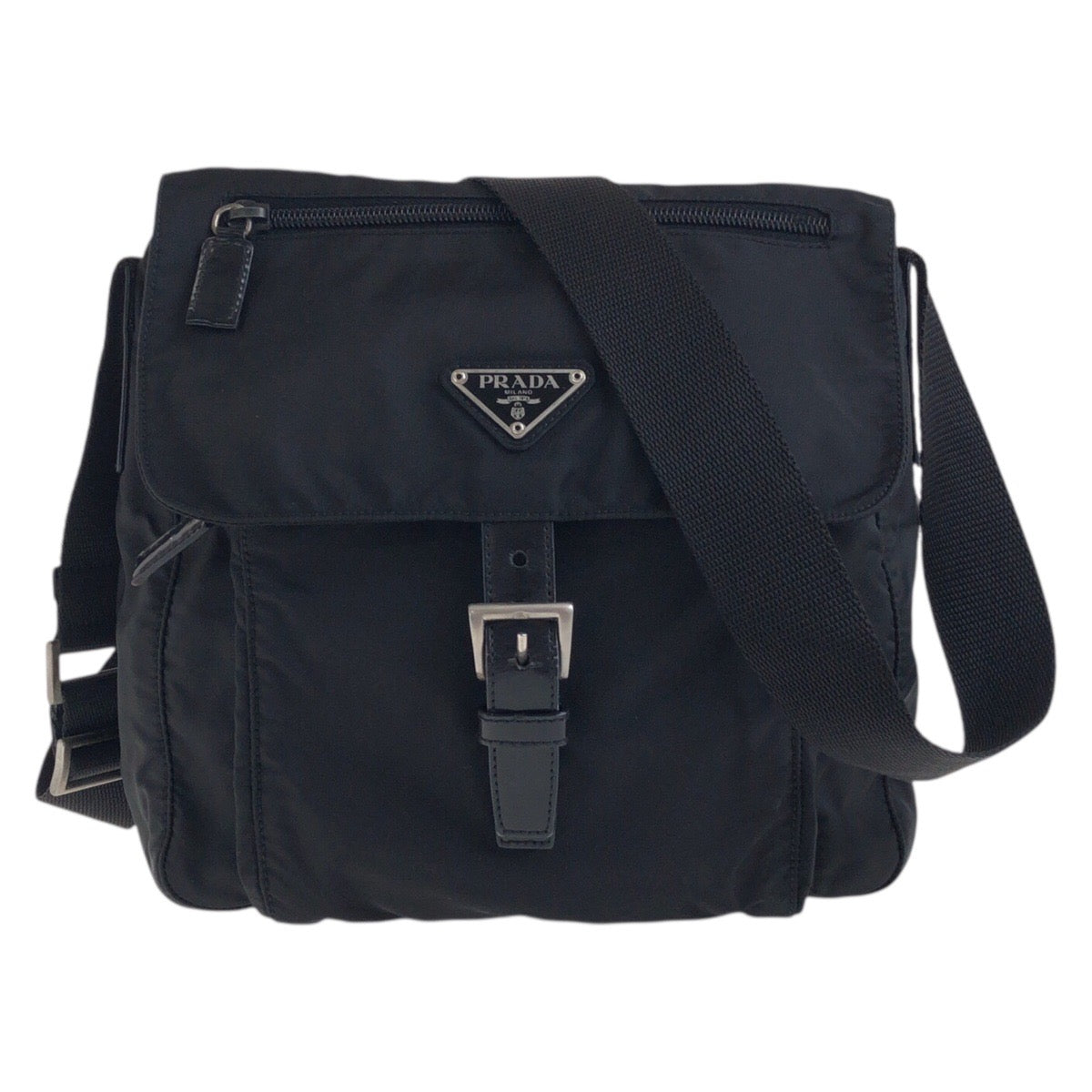 17877
PRADA プラダ テスート 三角ロゴプレート ブラック 黒 シルバー金具 ナイロン / レザー ショルダーバッグ ポシェット  レディース ABP