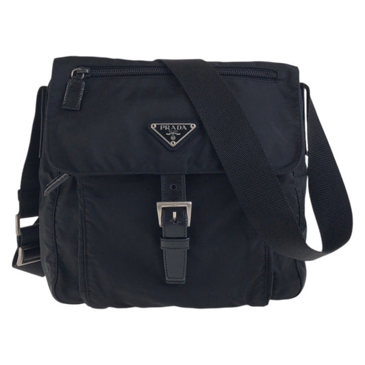 17877
PRADA プラダ テスート 三角ロゴプレート ブラック 黒 シルバー金具 ナイロン / レザー ショルダーバッグ ポシェット  レディース ABP
