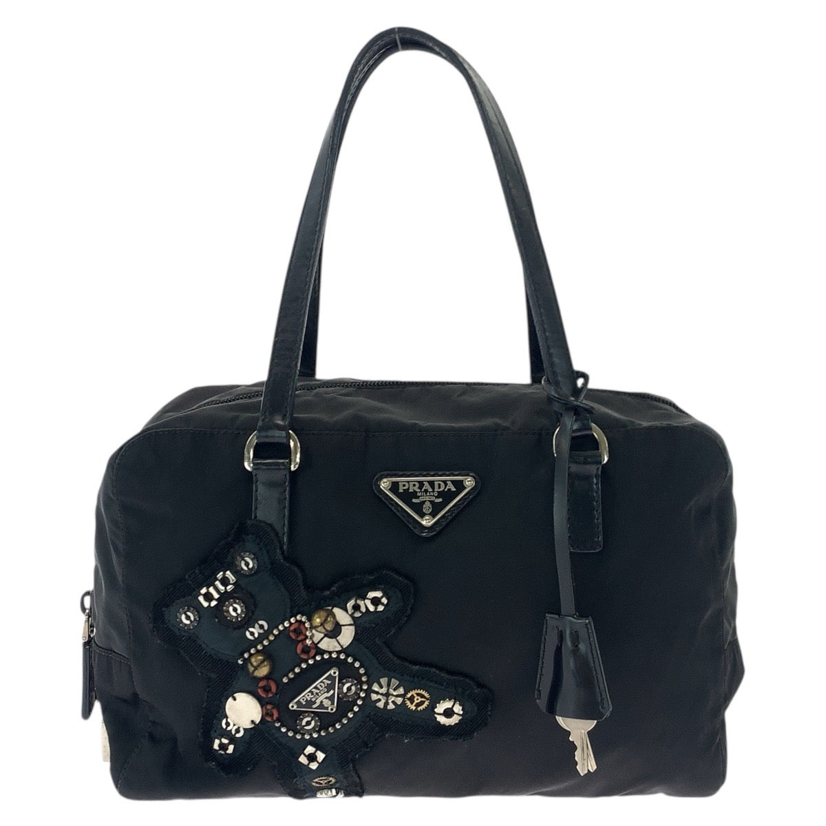 17890
PRADA プラダ テスート イヴニングベア ビジュー ブラック 黒 シルバー金具 ナイロン / レザー ハンドバッグ トートバッグ ショルダーバッグ  レディース AB