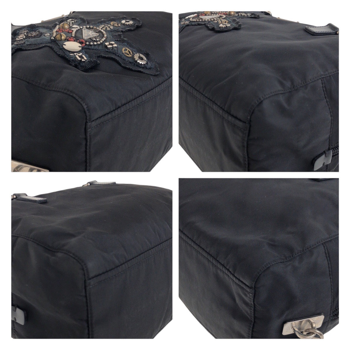 17890
PRADA プラダ テスート イヴニングベア ビジュー ブラック 黒 シルバー金具 ナイロン / レザー ハンドバッグ トートバッグ ショルダーバッグ  レディース AB