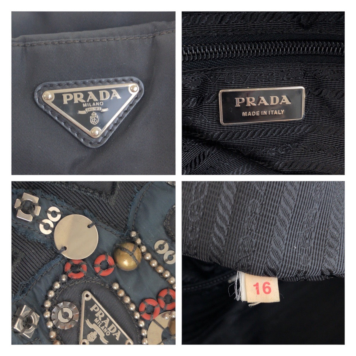 17890
PRADA プラダ テスート イヴニングベア ビジュー ブラック 黒 シルバー金具 ナイロン / レザー ハンドバッグ トートバッグ ショルダーバッグ  レディース AB