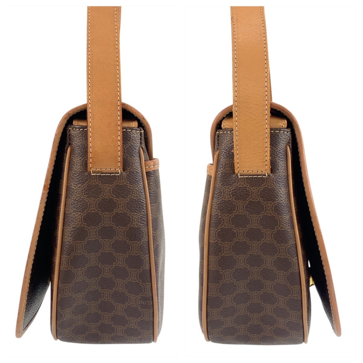 17894
CELINE セリーヌ マカダム ブラウン ゴールド金具 PVC / レザー M14 ショルダーバッグ ポシェット  レディース AB22