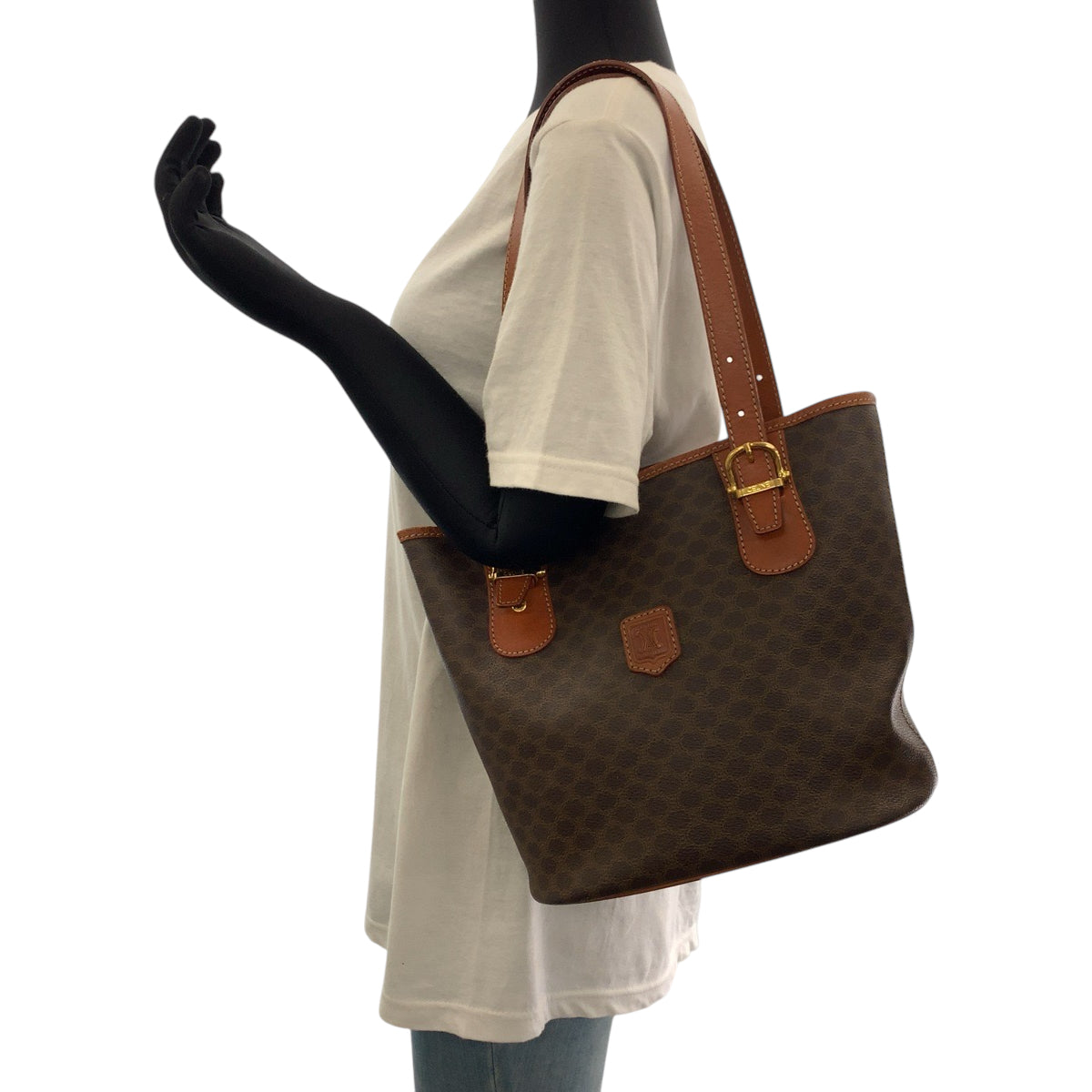 17901
CELINE セリーヌ マカダム ブラウン ゴールド金具 PVC トートバッグ ショルダーバッグ  レディース AB27