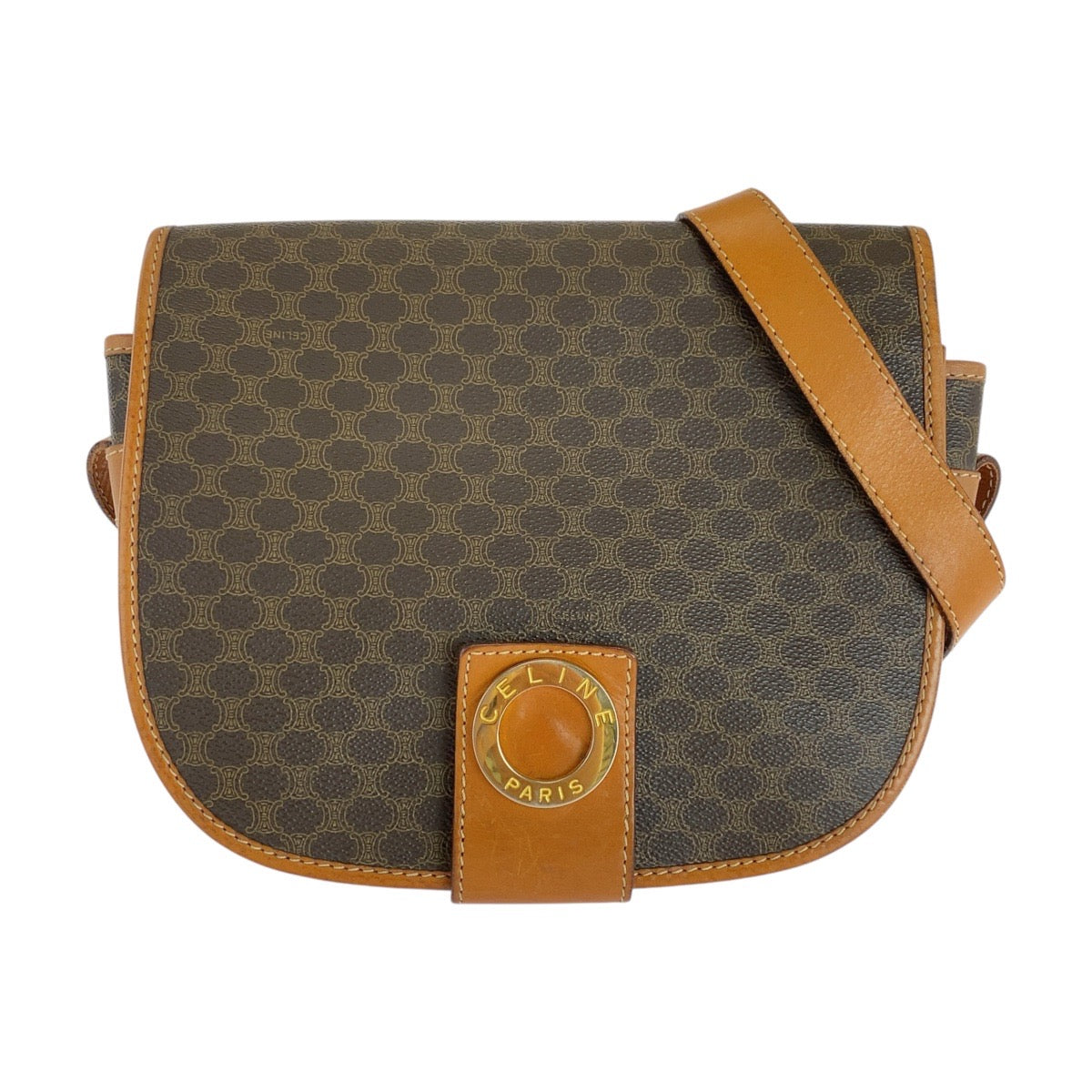17912
CELINE セリーヌ ヴィンテージ マカダム サークルロゴ ブラウン ゴールド金具 PVC / レザー M10 ショルダーバッグ ポシェット レディース ABP46