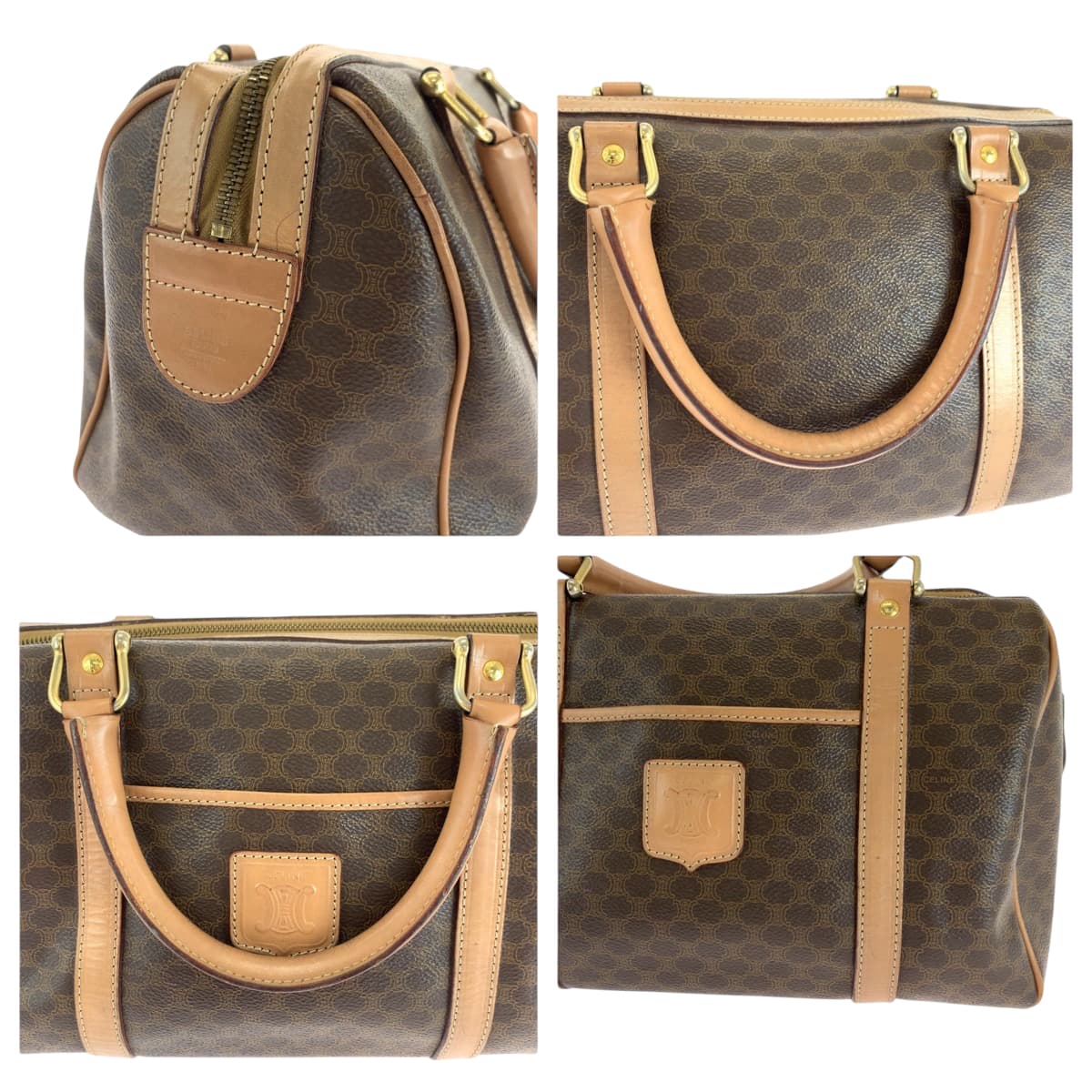 17914
CELINE セリーヌ マカダム ブラウン ゴールド金具 PVC ハンドバッグ ミニボストンバッグ  レディース AB33