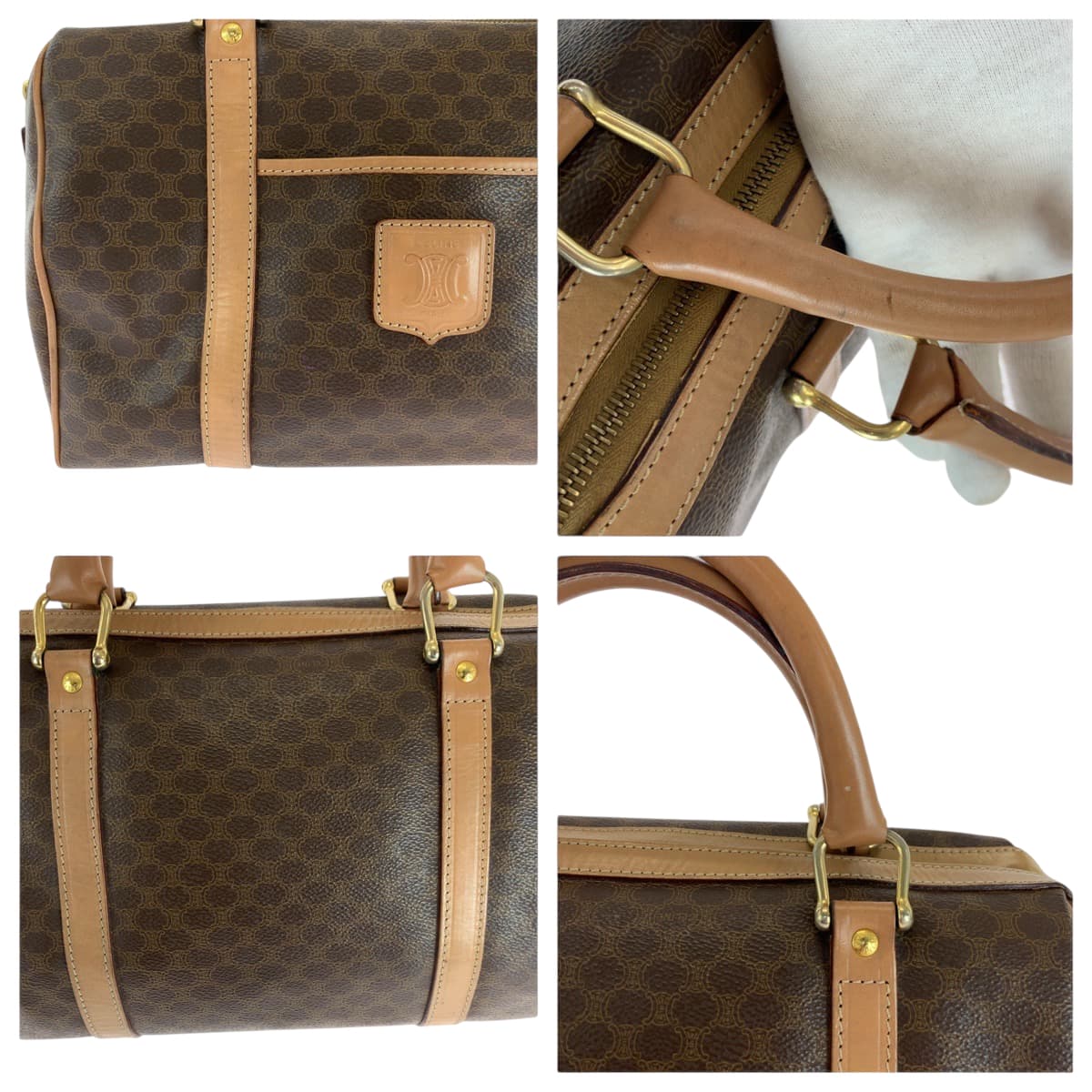 17914
CELINE セリーヌ マカダム ブラウン ゴールド金具 PVC ハンドバッグ ミニボストンバッグ  レディース AB33