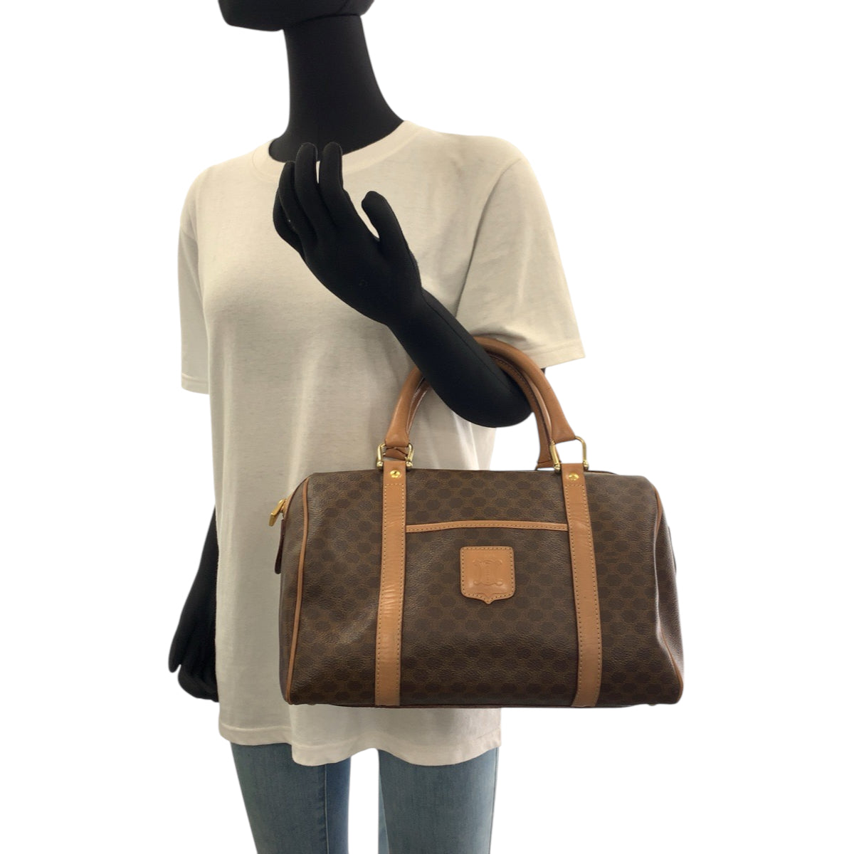 17914
CELINE セリーヌ マカダム ブラウン ゴールド金具 PVC ハンドバッグ ミニボストンバッグ  レディース AB33