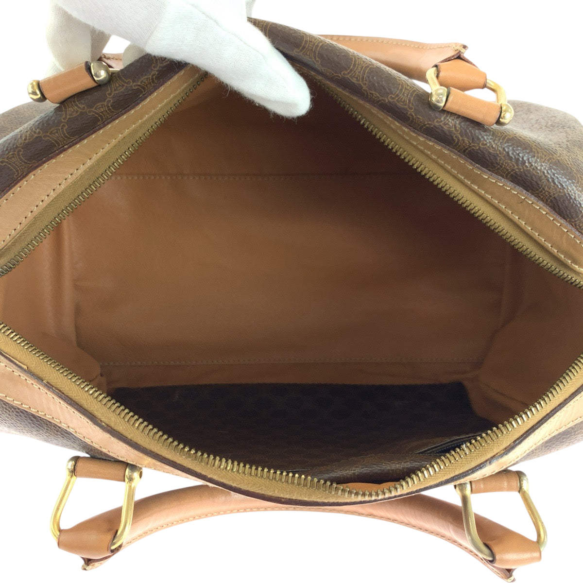 17914
CELINE セリーヌ マカダム ブラウン ゴールド金具 PVC ハンドバッグ ミニボストンバッグ  レディース AB33