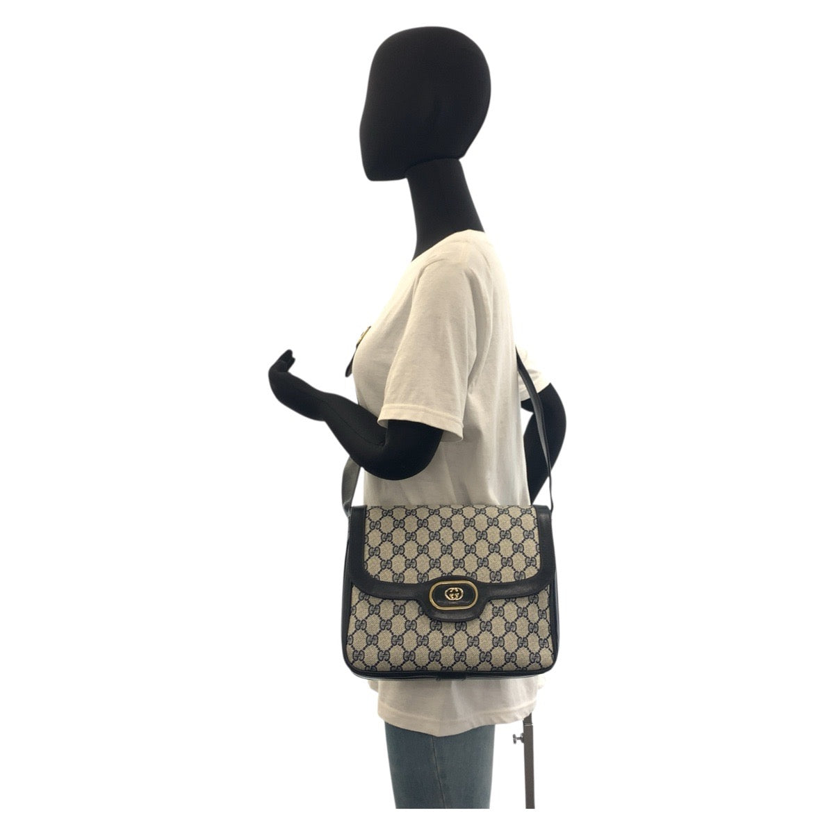 17915
GUCCI グッチ ヴィンテージ オールドグッチ グレー ネイビー ゴールド金具 GGスプリームキャンバス / レザー ショルダーバッグ ポシェット  レディース ABP46