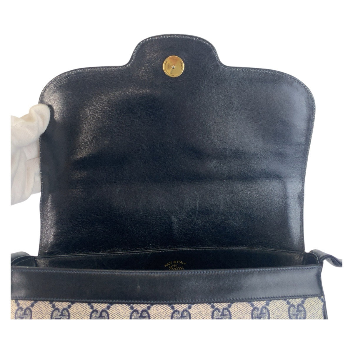 17915
GUCCI グッチ ヴィンテージ オールドグッチ グレー ネイビー ゴールド金具 GGスプリームキャンバス / レザー ショルダーバッグ ポシェット  レディース ABP46