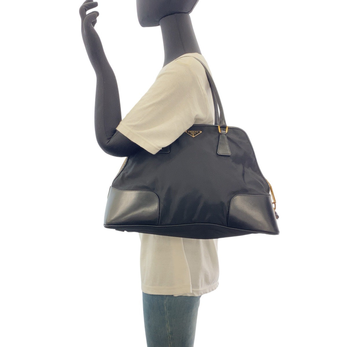 17918
PRADA プラダ テスート 三角ロゴプレート ブラック 黒 ゴールド金具 ナイロン / レザー ショルダーバッグ トートバッグ  レディース ABP42