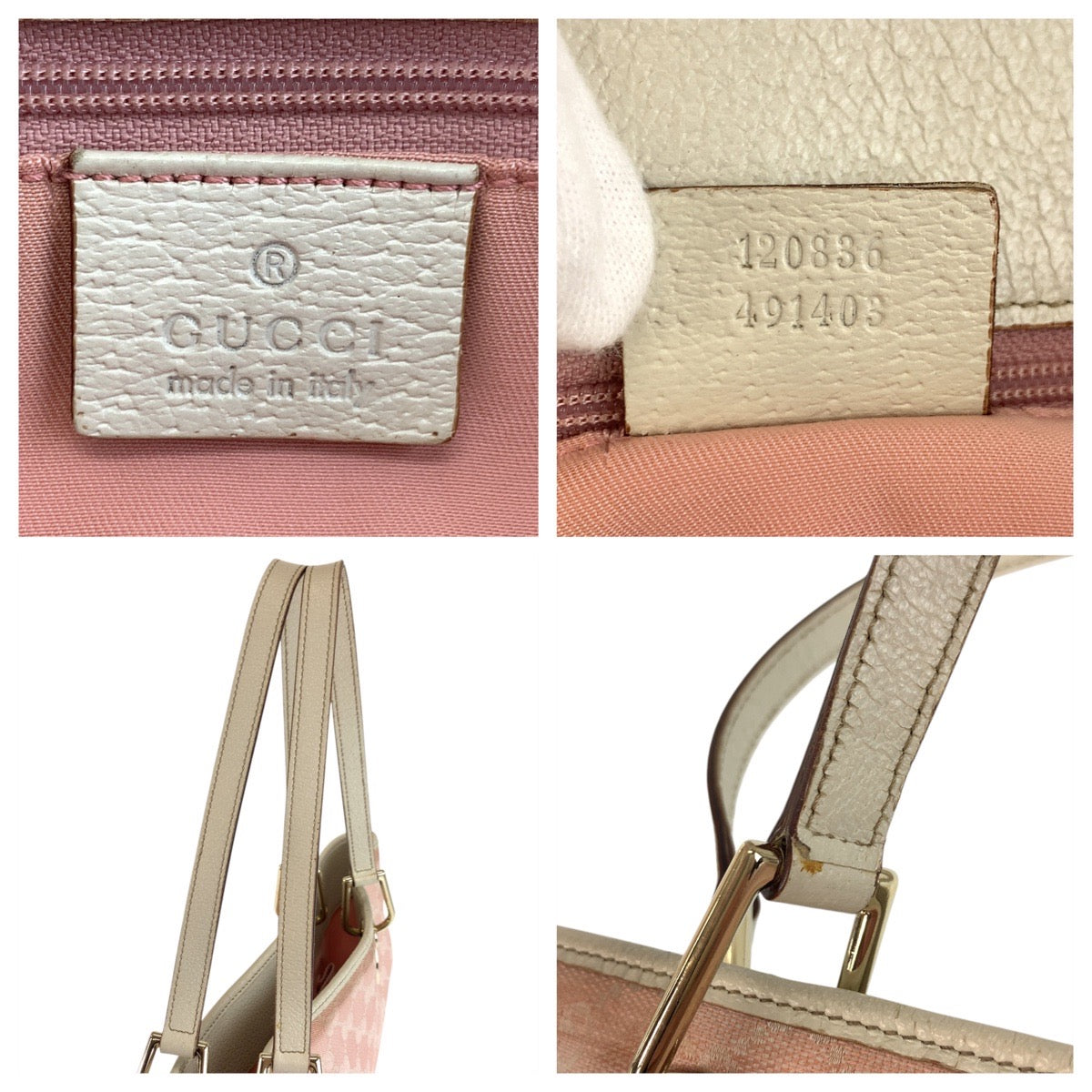 17934
GUCCI グッチ ピンク ホワイト ゴールド金具 GGキャンバス / レザー 120836 トートバッグ ショルダーバッグ  レディース AB24