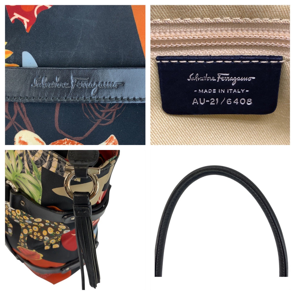 18057
Salvatore Ferragamo サルヴァトーレフェラガモ ブラック 黒 マルチカラー シルバー金具 ナイロン / レザー AU-21/6408 トートバッグ ショルダーバッグ  レディース AB40