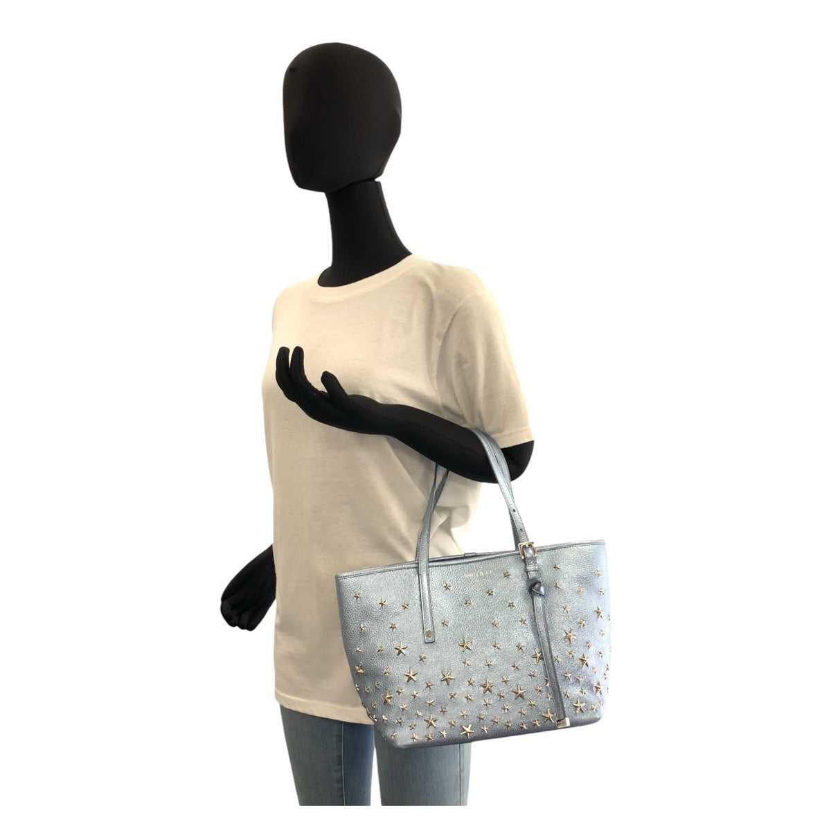 18063
JIMMY CHOO ジミーチュウ スタースタッズ サシャ ブルー シルバー金具 レザー トートバッグ ハンドバッグ  レディース ABP46