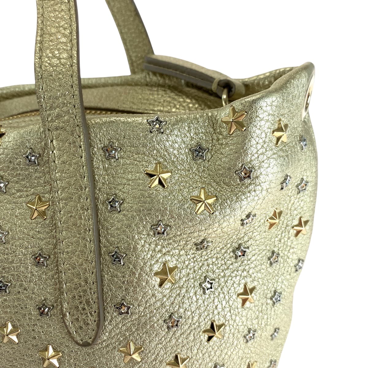 18064
JIMMY CHOO ジミーチュウ ミニサラ スタースタッズ ゴールド ゴールド金具 レザー ハンドバッグ トートバッグ  レディース A50