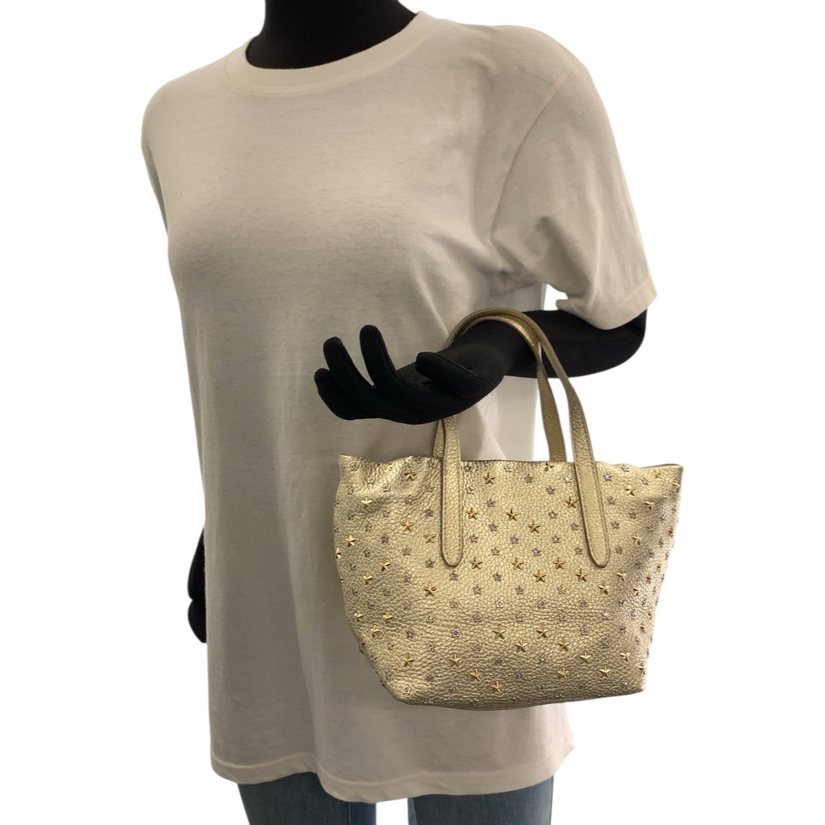 18064
JIMMY CHOO ジミーチュウ ミニサラ スタースタッズ ゴールド ゴールド金具 レザー ハンドバッグ トートバッグ  レディース A50