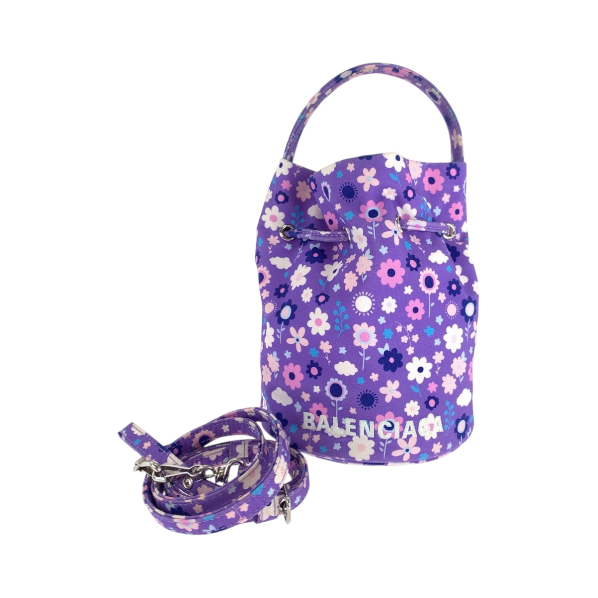 18065
BALENCIAGA バレンシアガ ドローストリングバケットバッグ フラワープ パープル マルチカラー シルバー金具 イカットナイロンキャンバス 656682 ショルダーバッグ ハンドバッグ 2way  レディース ABP50