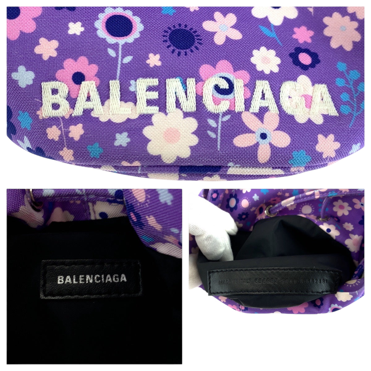 18065
BALENCIAGA バレンシアガ ドローストリングバケットバッグ フラワープ パープル マルチカラー シルバー金具 イカットナイロンキャンバス 656682 ショルダーバッグ ハンドバッグ 2way  レディース ABP50