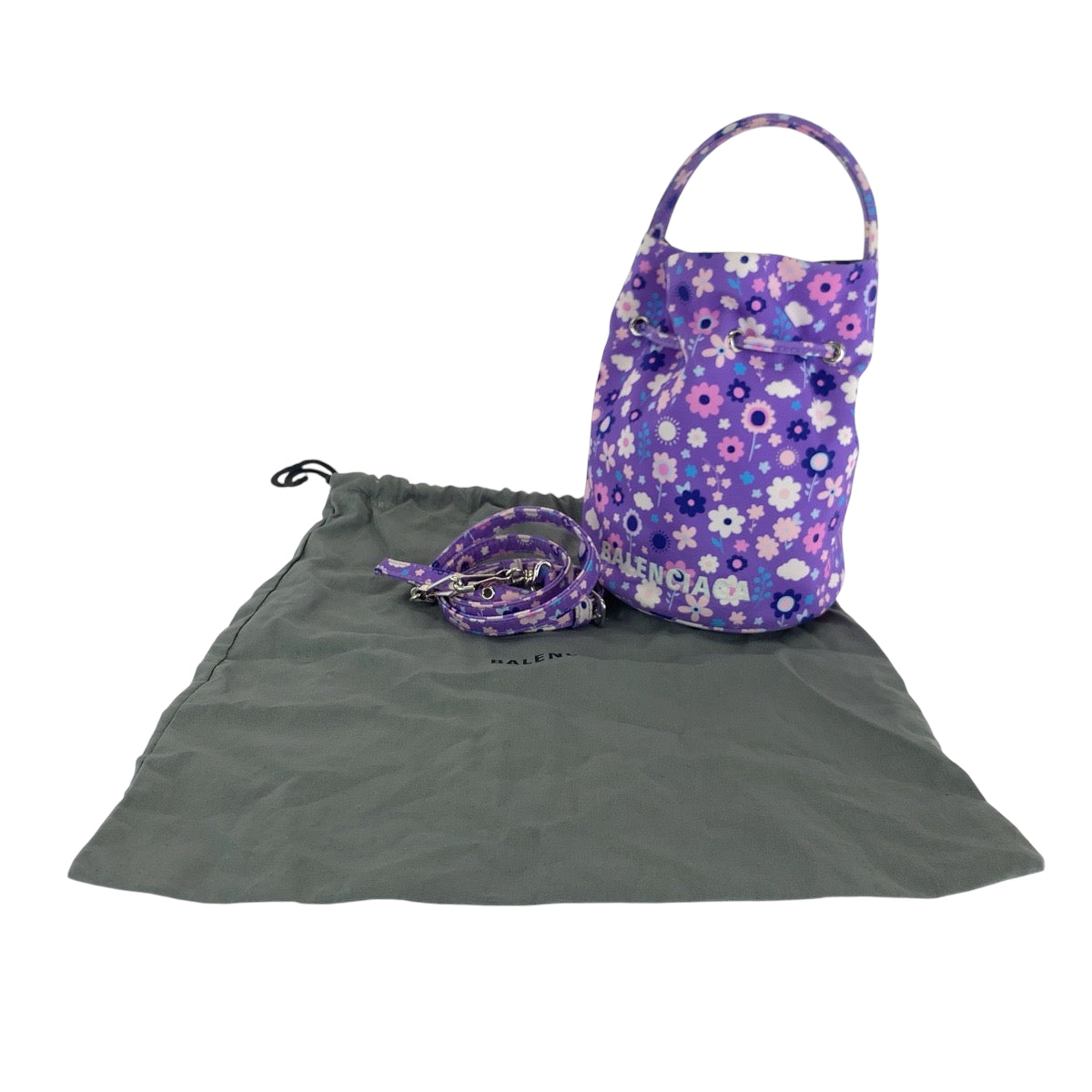 18065
BALENCIAGA バレンシアガ ドローストリングバケットバッグ フラワープ パープル マルチカラー シルバー金具 イカットナイロンキャンバス 656682 ショルダーバッグ ハンドバッグ 2way  レディース ABP50