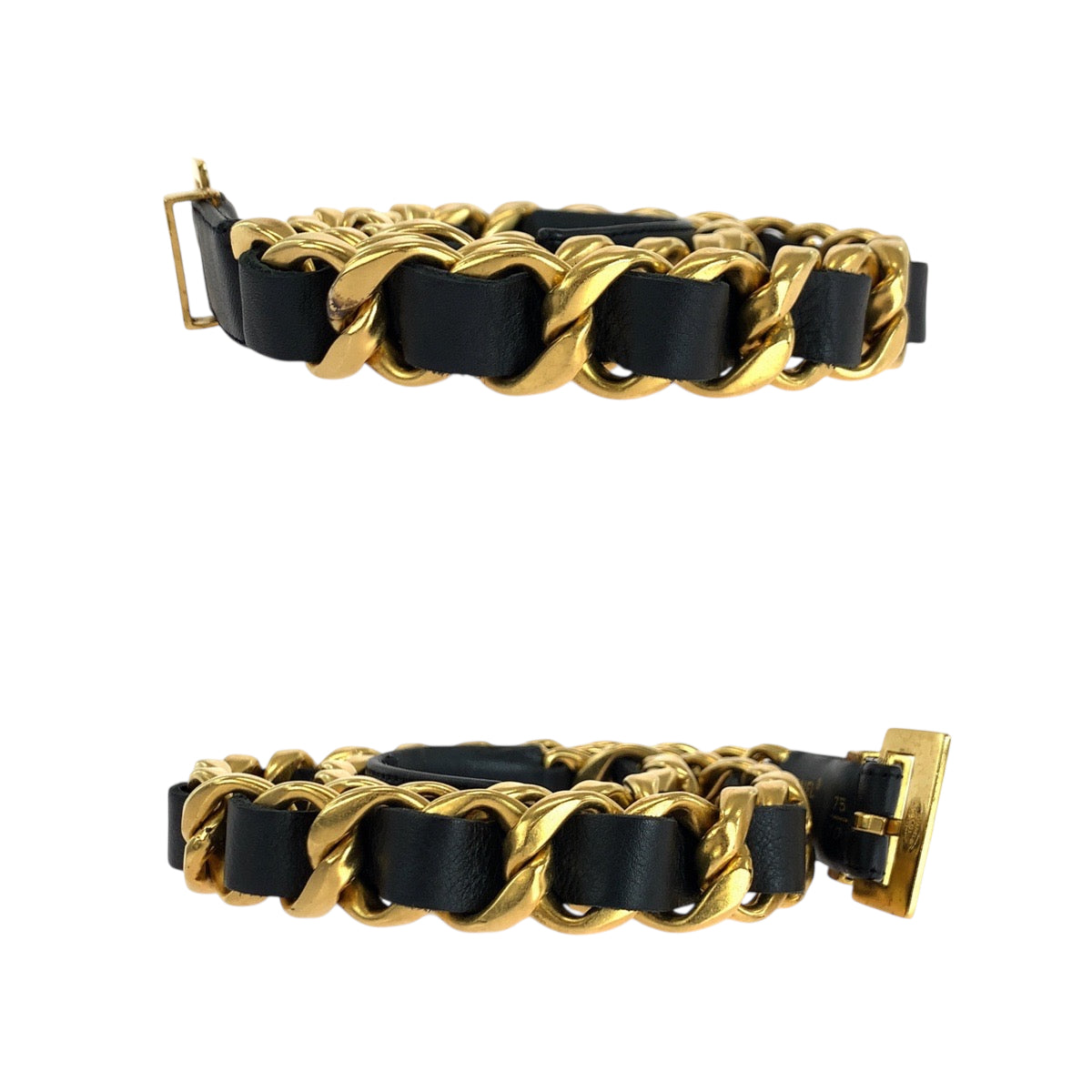 18077
CHANEL シャネル ヴィンテージ 75/30 ブラック 黒 ゴールド金具 レザー チェーンベルト 96 P刻印 レディース ABP98
