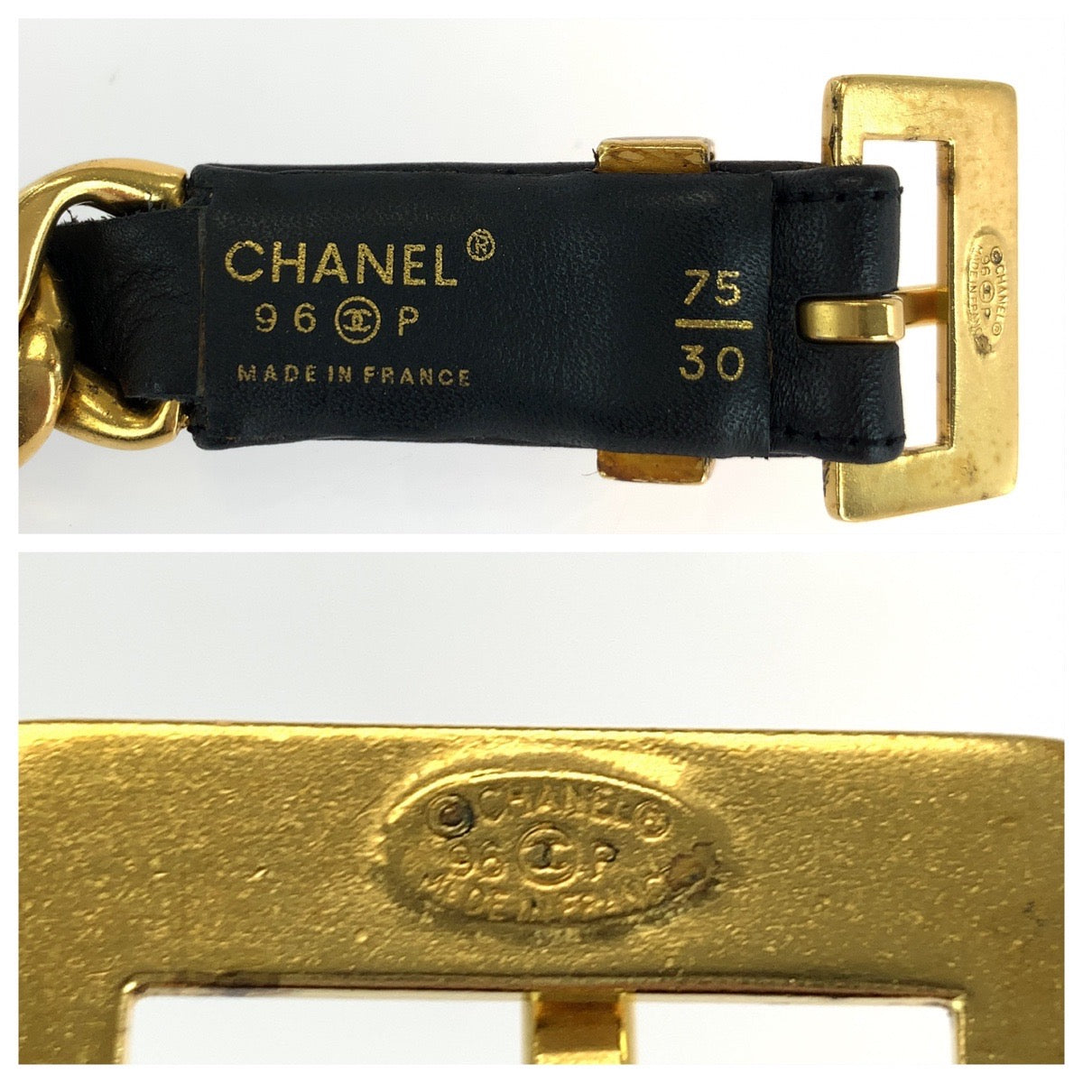 18077
CHANEL シャネル ヴィンテージ 75/30 ブラック 黒 ゴールド金具 レザー チェーンベルト 96 P刻印 レディース ABP98