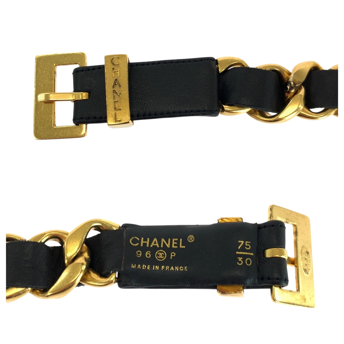 18077
CHANEL シャネル ヴィンテージ 75/30 ブラック 黒 ゴールド金具 レザー チェーンベルト 96 P刻印 レディース ABP98