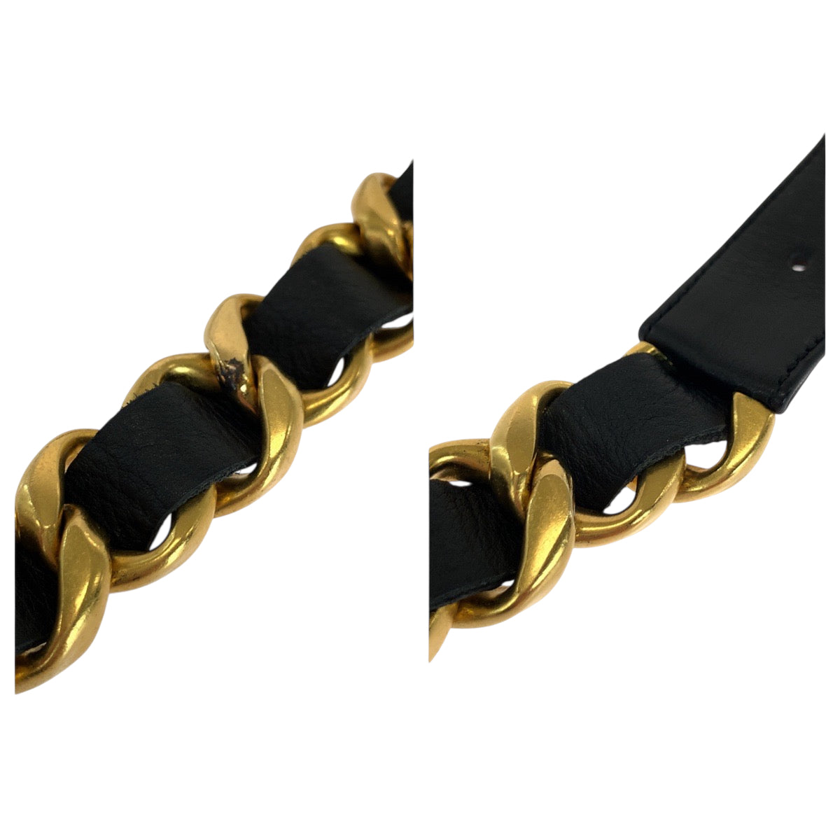 18077
CHANEL シャネル ヴィンテージ 75/30 ブラック 黒 ゴールド金具 レザー チェーンベルト 96 P刻印 レディース ABP98