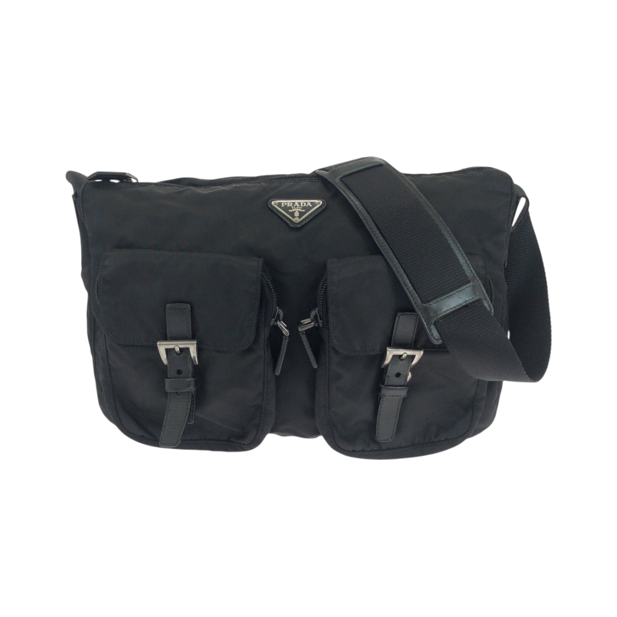 18096
PRADA Tessuto Triangle Logo Plate Black Silver Hardware Nylon Shoulder Bag Messenger Bag Ladies AB35