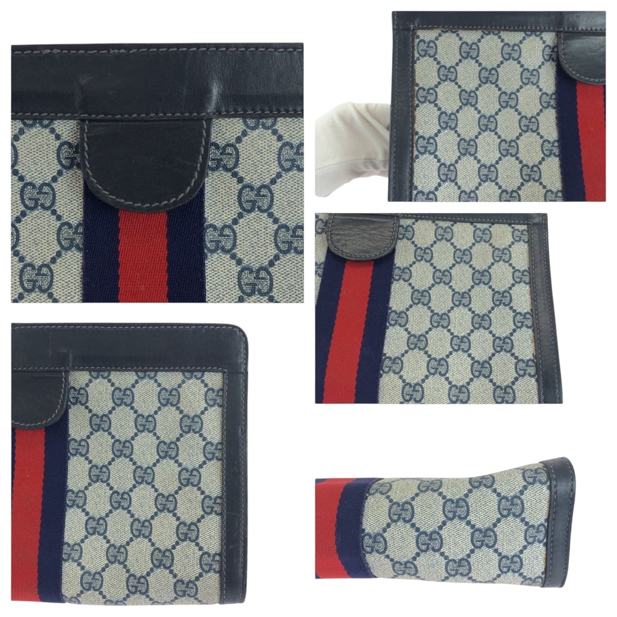 18102
GUCCI グッチ シェリーライン グレー ネイビー GGスプリームキャンバス クラッチバッグ セカンドバッグ  レディース AB26
