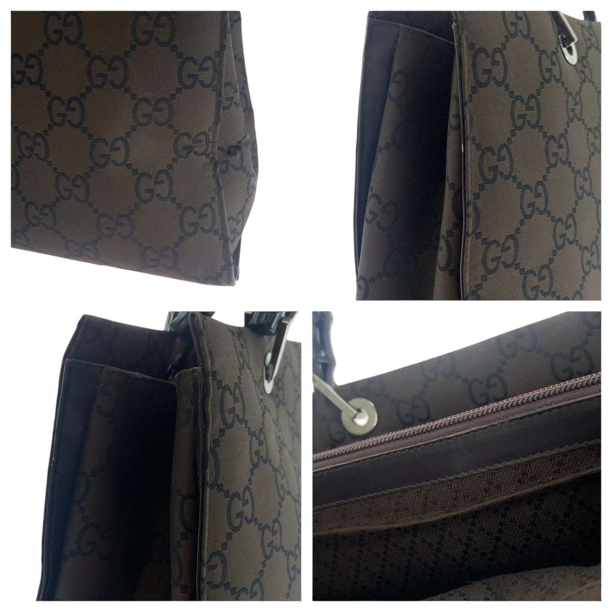 18112
GUCCI グッチ バンブー ブラウン ブラック シルバー金具 ナイロン 002 1010 トートバッグ ハンドバッグ レディース ABP40