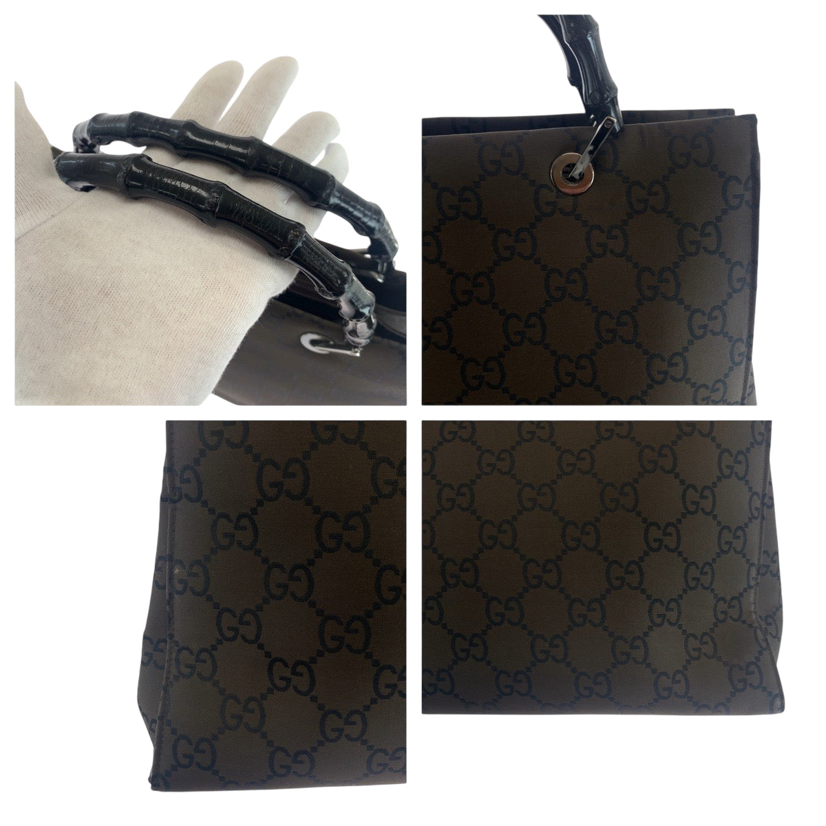 18112
GUCCI グッチ バンブー ブラウン ブラック シルバー金具 ナイロン 002 1010 トートバッグ ハンドバッグ レディース ABP40
