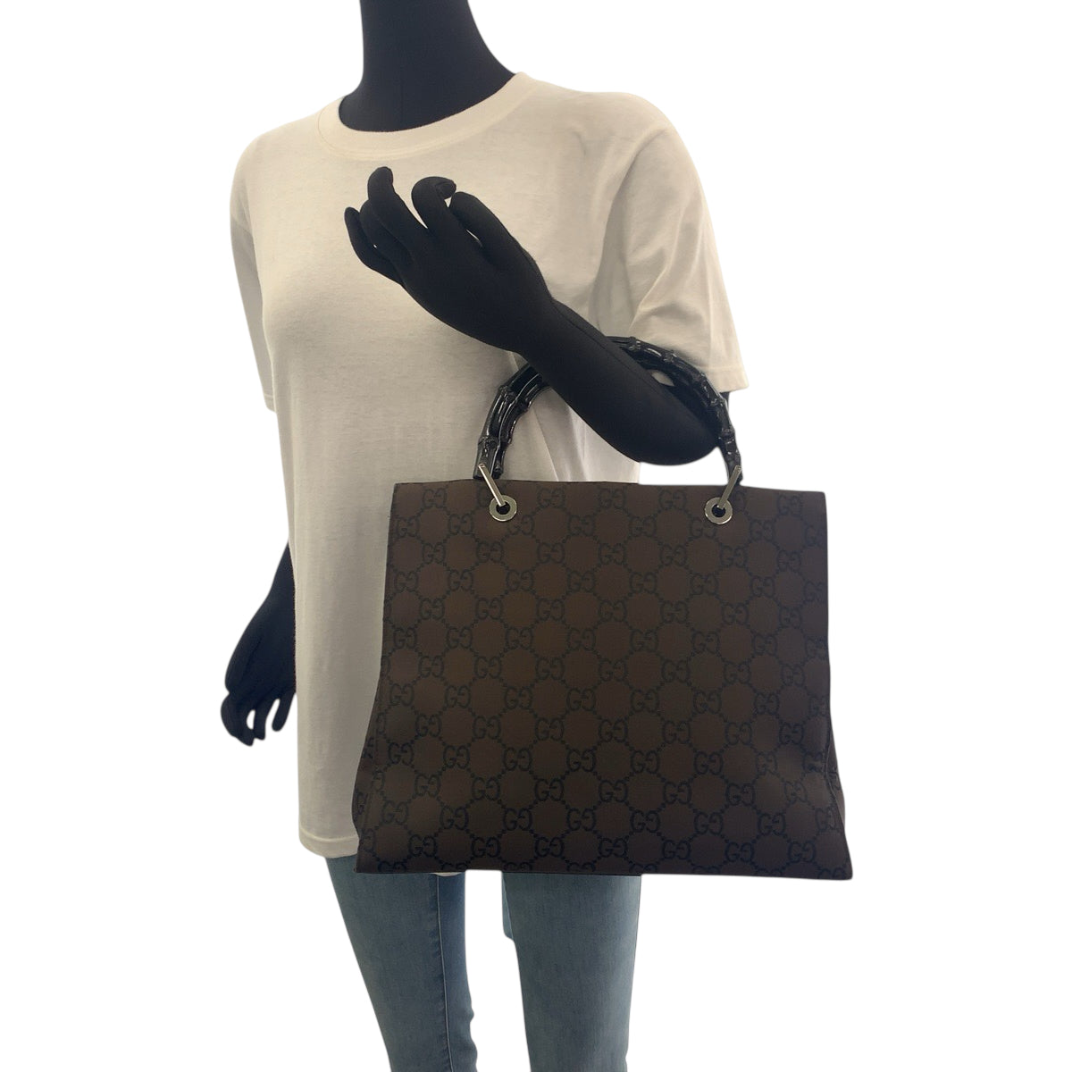 18112
GUCCI グッチ バンブー ブラウン ブラック シルバー金具 ナイロン 002 1010 トートバッグ ハンドバッグ レディース ABP40