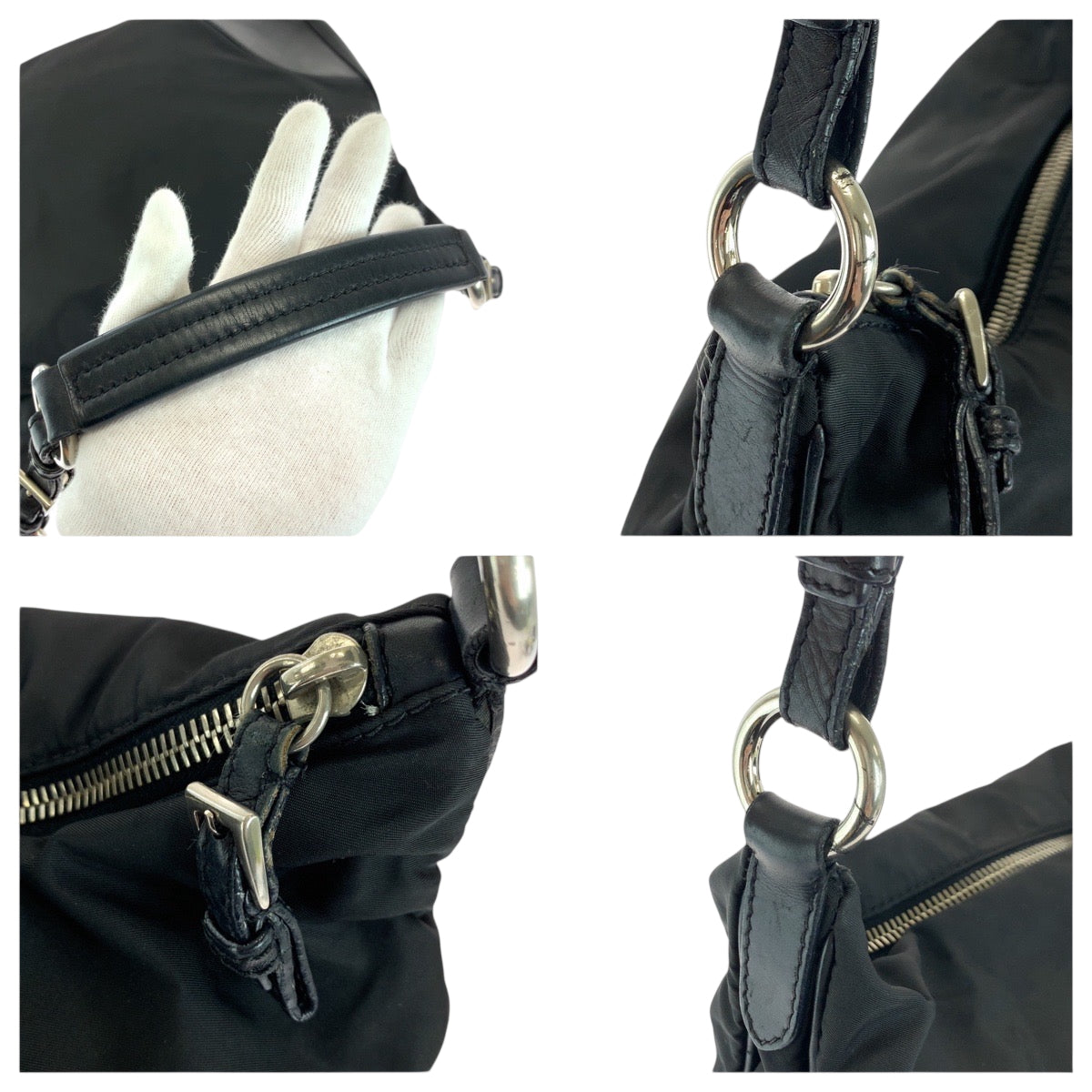 18126
PRADA プラダ テスート 三角ロゴプレート ブラック 黒 シルバー金具 ナイロン / レザー ホーボー ショルダーバッグ 肩掛け  レディース ABP40