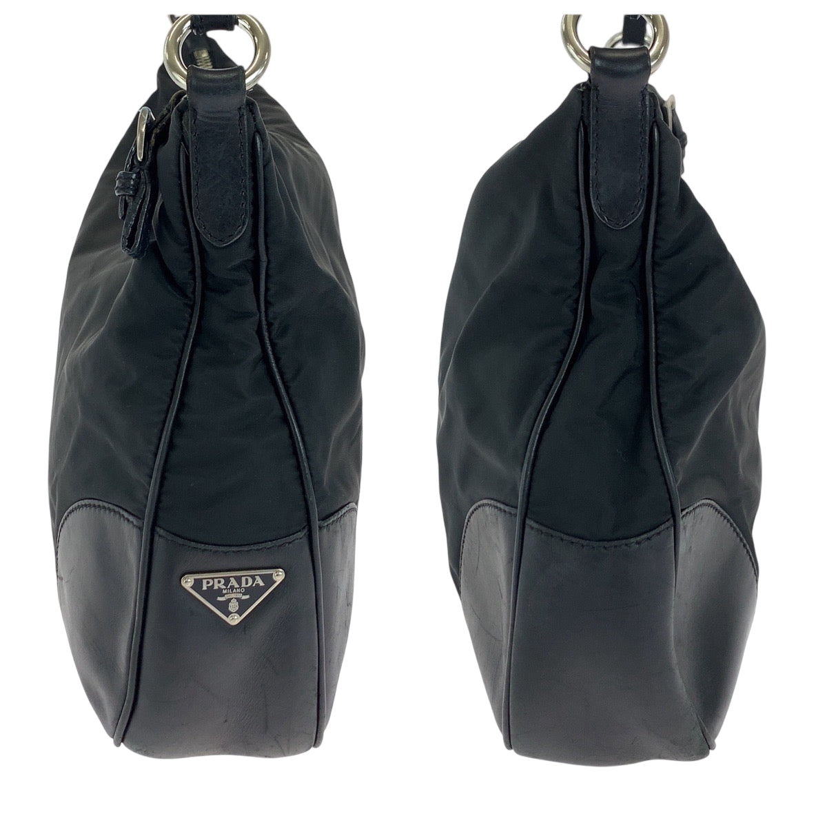 18126
PRADA プラダ テスート 三角ロゴプレート ブラック 黒 シルバー金具 ナイロン / レザー ホーボー ショルダーバッグ 肩掛け  レディース ABP40