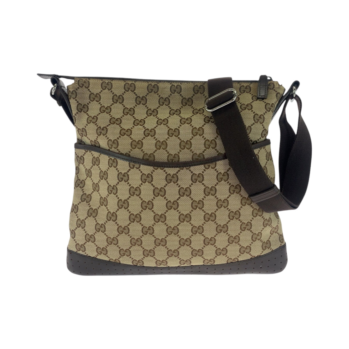 18129
GUCCI グッチ パンチング ベージュ ブラウン シルバー金具 GGキャンバス 145857 ショルダーバッグ サコッシュ  レディース AB34