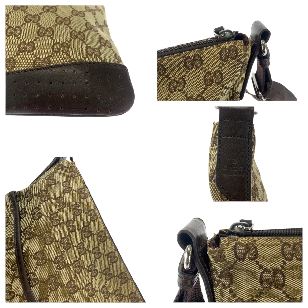 18129
GUCCI グッチ パンチング ベージュ ブラウン シルバー金具 GGキャンバス 145857 ショルダーバッグ サコッシュ  レディース AB34