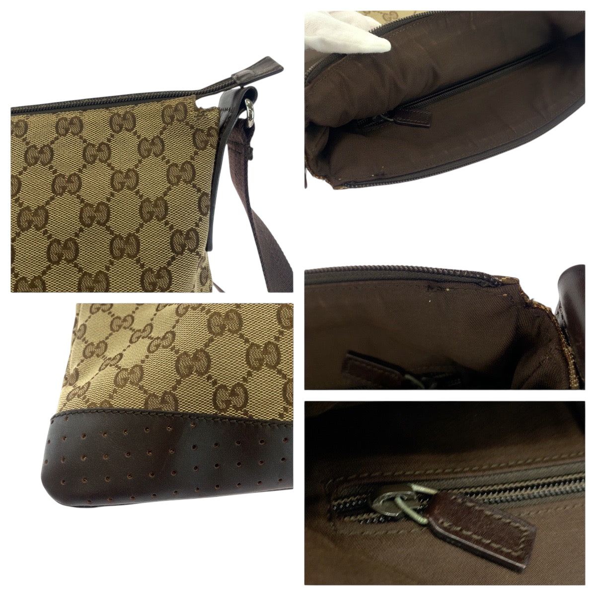 18129
GUCCI グッチ パンチング ベージュ ブラウン シルバー金具 GGキャンバス 145857 ショルダーバッグ サコッシュ  レディース AB34