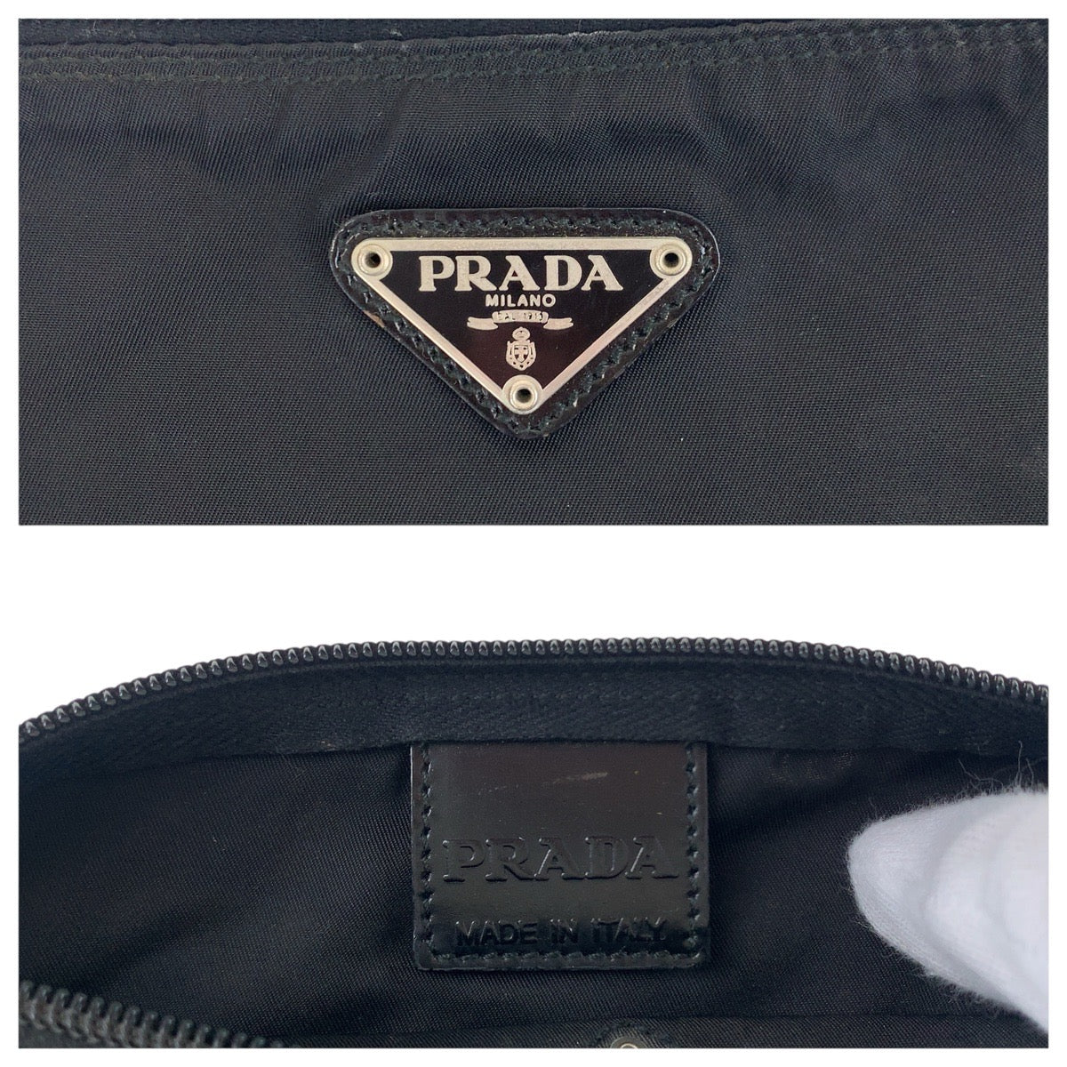 18133
PRADA プラダ テスート 三角ロゴプレート ブラック 黒 シルバー金具 ナイロン ポーチ アクセサリーポーチ  レディース AB16