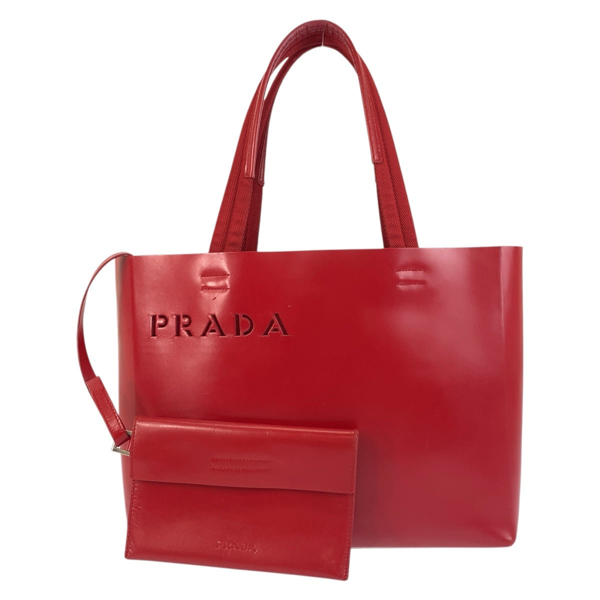 18144
PRADA プラダ ロゴ型抜き レッド レザー / スウェード トートバッグ ショルダーバッグ レディース ABP40