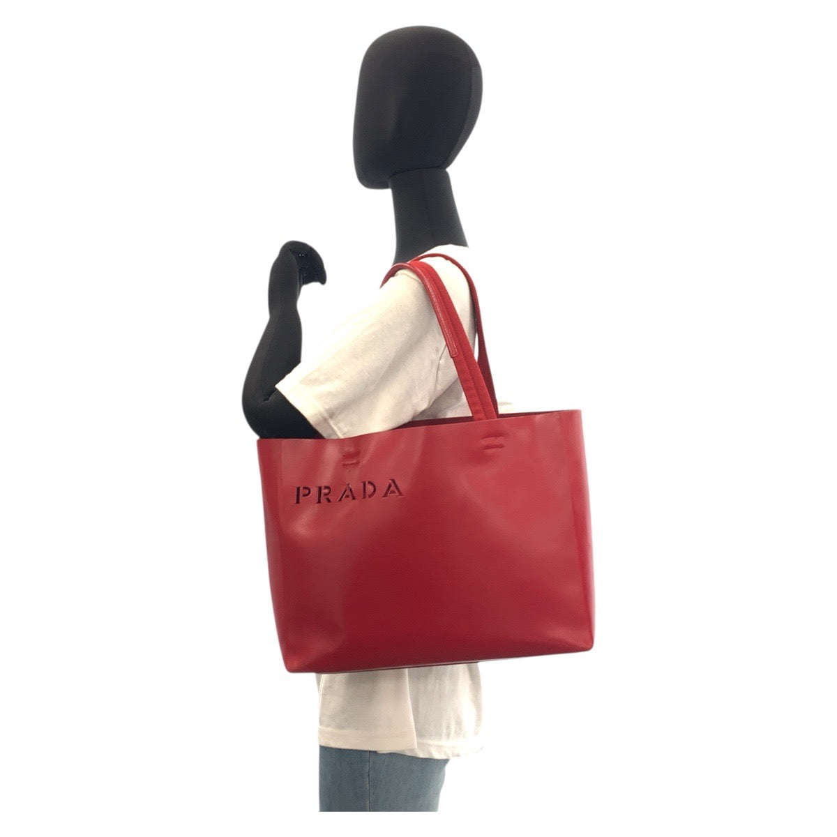 18144
PRADA プラダ ロゴ型抜き レッド レザー / スウェード トートバッグ ショルダーバッグ レディース ABP40