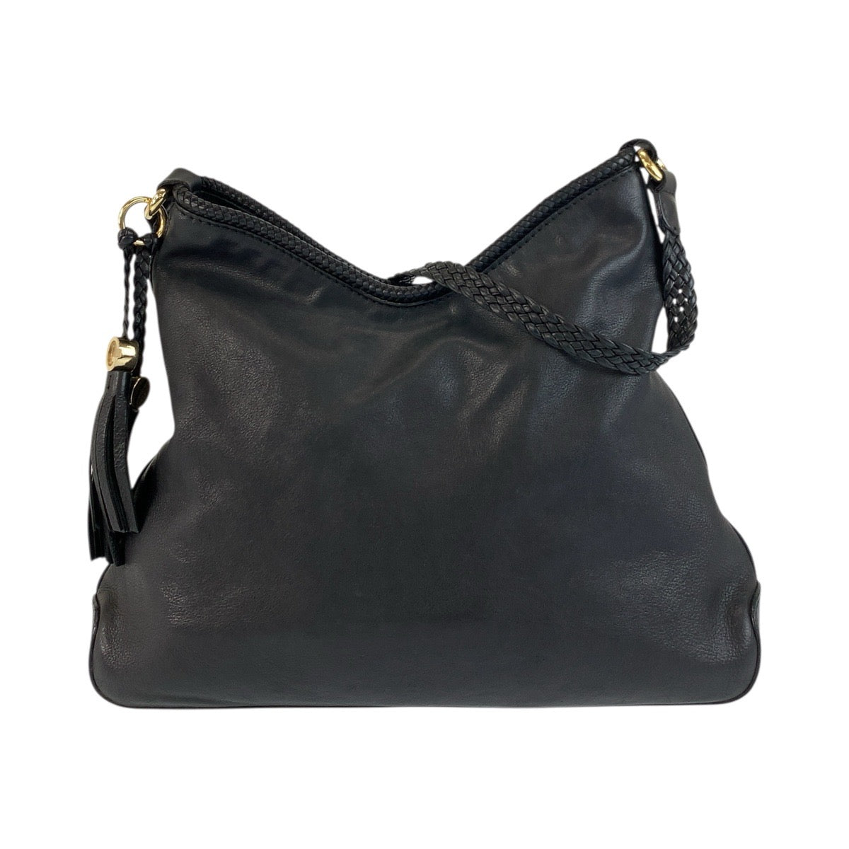 18152
GUCCI グッチ タッセル 編みこみ ブラック 黒 ゴールド金具 レザー 257026 ホーボー ショルダーバッグ  レディース